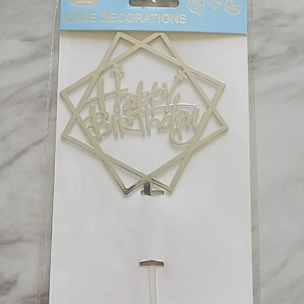 CAKE Topper Happy Birthday Silver Tone Abstract NWT